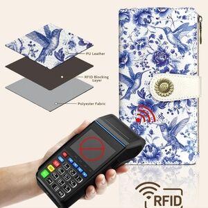 Floral RFID Blocking Wallet Case for Cell Phones - Blue and White